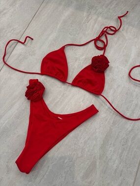 Red Floral Accent Triangle Bikini Set